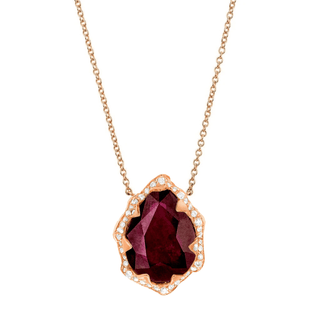 Queen Water Drop Enhanced Ruby Necklace with Full Pavé Halo Rose Gold   by Logan Hollowell Jewelry