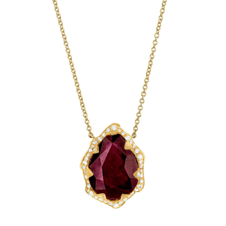 Queen Water Drop Enhanced Ruby Necklace with Full Pavé Halo Yellow Gold   by Logan Hollowell Jewelry