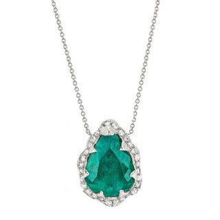 18k Queen Water Drop Colombian Emerald Necklace with Full Pavé Diamond Halo White Gold   by Logan Hollowell Jewelry