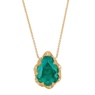 18k Colombian Water Drop Queen Emerald Necklace with Sprinkled Diamonds Yellow Gold   by Logan Hollowell Jewelry