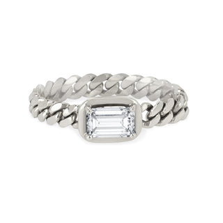 Queen Emerald Cut Diamond Cuban Ring 4 White Gold  by Logan Hollowell Jewelry