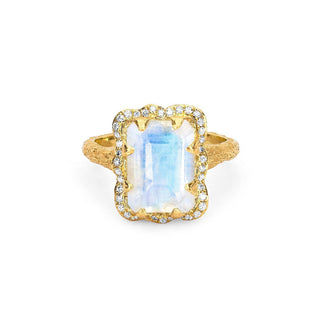 18k Queen Emerald Cut Moonstone Ring with Full Pavé Diamond Halo Yellow Gold 3  by Logan Hollowell Jewelry