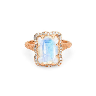 18k Queen Emerald Cut Moonstone Ring with Full Pavé Diamond Halo Rose Gold 3  by Logan Hollowell Jewelry
