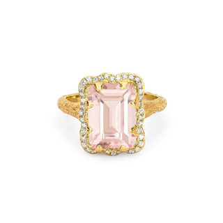 18k Queen Emerald Cut Morganite Ring with Pavé Diamond Halo 4 Yellow Gold  by Logan Hollowell Jewelry