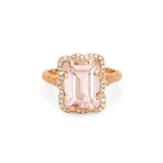 18k Queen Emerald Cut Morganite Ring with Pavé Diamond Halo 4 Rose Gold  by Logan Hollowell Jewelry