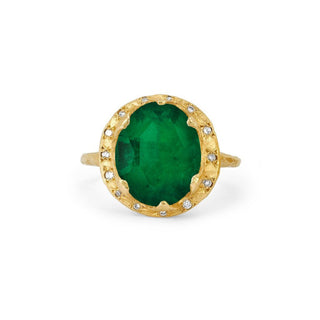 18k Queen Oval Colombian Emerald Ring with Sprinkled Diamonds Yellow Gold 5  by Logan Hollowell Jewelry