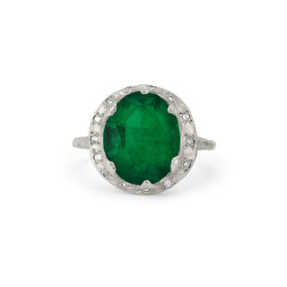 18k Queen Oval Colombian Emerald Ring with Sprinkled Diamonds White Gold 5  by Logan Hollowell Jewelry