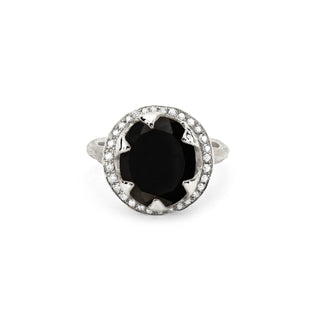 Queen Oval Onyx Ring with Full Pavé Diamond Halo White Gold 5  by Logan Hollowell Jewelry
