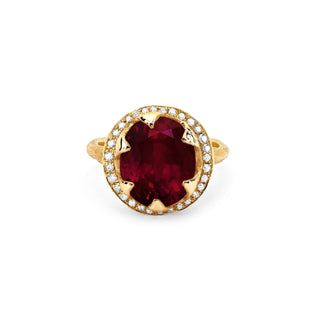 Queen Oval Enhanced Ruby Ring with Full Pavé Diamond Halo Yellow Gold 5  by Logan Hollowell Jewelry