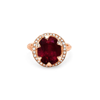 Queen Oval Enhanced Ruby Ring with Full Pavé Diamond Halo Rose Gold 5  by Logan Hollowell Jewelry