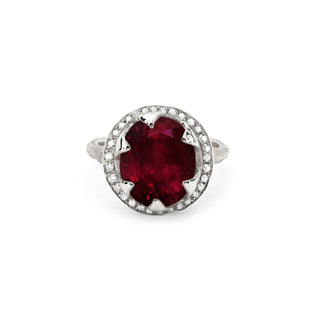 Queen Oval Enhanced Ruby Ring with Full Pavé Diamond Halo White Gold 5  by Logan Hollowell Jewelry