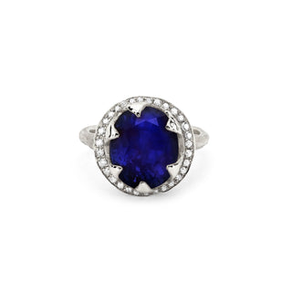 Queen Oval Sapphire Ring with Full Pavé Diamond Halo White Gold 5  by Logan Hollowell Jewelry