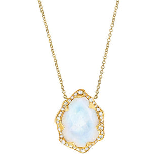 Queen Water Drop Moonstone Necklace with Full Pavé Diamond Halo Necklace Yellow Gold  by Logan Hollowell Jewelry
