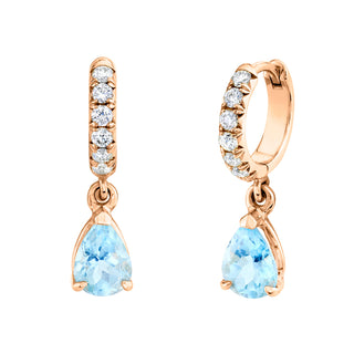 Aquamarine Water Drop French Pavé Goddess Hoops Rose Gold Pair  by Logan Hollowell Jewelry