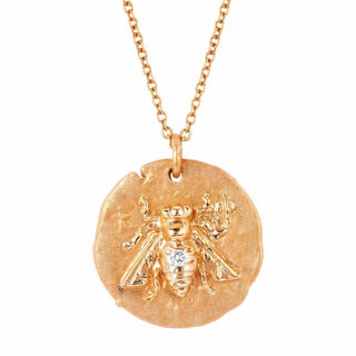 18k Sacred Honey Bee Coin Necklace with Single Diamond Rose Gold 16" Standard Solid Chain by Logan Hollowell Jewelry