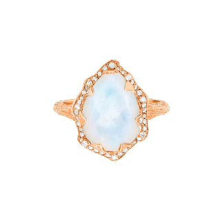 Queen Water Drop Moonstone Ring with Full Pavé Diamond Halo Rose Gold 4  by Logan Hollowell Jewelry