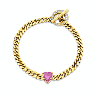 Pavé Toggle Cuban Bracelet with Pink Sapphire Heart Center Yellow Gold 6.5"  by Logan Hollowell Jewelry