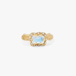 Micro Queen Emerald Cut Moonstone Ring with Sprinkled Diamonds 3.5 Yellow Gold Solid Band by Logan Hollowell Jewelry
