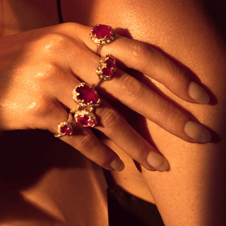 Baby Queen Water Drop Enhanced Ruby Ring with Full Pavé Diamond Halo    by Logan Hollowell Jewelry