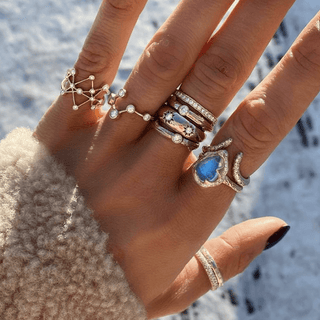 Baby Queen Water Drop Blue Sheen Moonstone Ring with Full Pavé Halo    by Logan Hollowell Jewelry