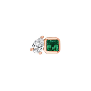 Lovers Duet Emerald & Diamond Studs Rose Gold Single Earring  by Logan Hollowell Jewelry