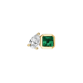 Lovers Duet Emerald & Diamond Studs Yellow Gold Single Earring  by Logan Hollowell Jewelry