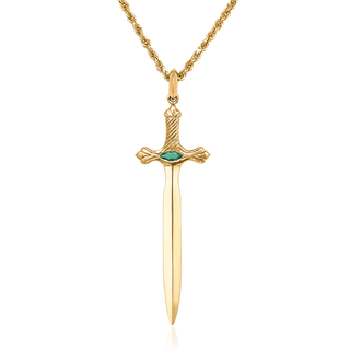 Valiant Protection Sword with Marquise Emerald Center 18" Yellow Gold  by Logan Hollowell Jewelry