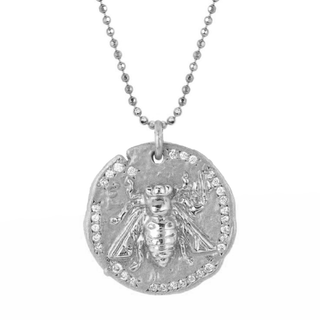 18k Sacred Honey Bee Coin Necklace White Gold 16" Ball Chain by Logan Hollowell Jewelry