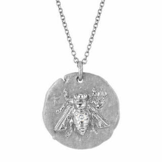 18k Sacred Honey Bee Coin Necklace with Single Diamond White Gold 16" Standard Solid Chain by Logan Hollowell Jewelry