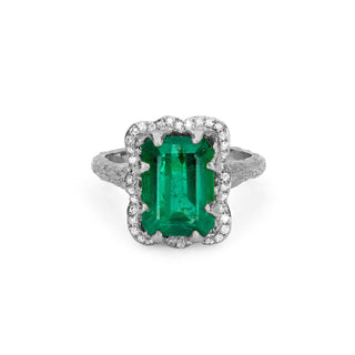 18k Queen Emerald Cut Emerald Ring with Full Pavé Diamond Halo White Gold 2  by Logan Hollowell Jewelry