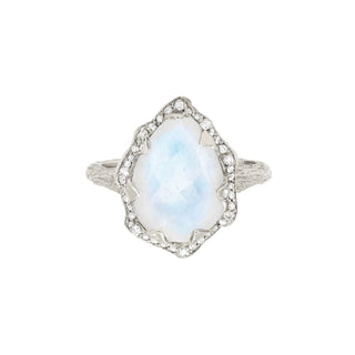 Queen Water Drop Moonstone Ring with Full Pavé Diamond Halo White Gold 4  by Logan Hollowell Jewelry