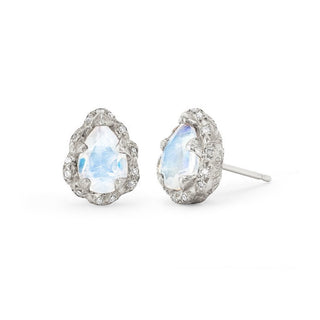 Micro Queen Water Drop Moonstone Studs with Sprinkled Diamonds White Gold Pair  by Logan Hollowell Jewelry