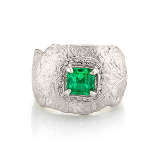 18k Atlantis Asscher Cut Colombian Emerald Ring with Pavé Diamonds 4 White Gold  by Logan Hollowell Jewelry