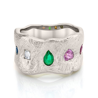 18k Atlantis Mixed Sapphire and Diamond Ring with Emerald 4 White Gold  by Logan Hollowell Jewelry