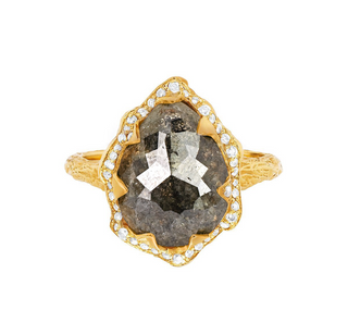 Queen Water Drop Grey Diamond Ring with Full Pavé Diamond Halo 4 Yellow Gold  by Logan Hollowell Jewelry