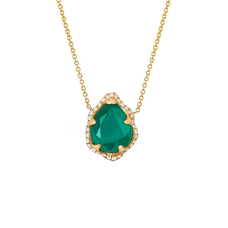 18k Baby Queen Water Drop Colombian Emerald Necklace with Full Pavé Diamond Halo Yellow Gold   by Logan Hollowell Jewelry