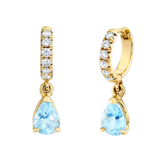 Aquamarine Water Drop French Pavé Goddess Hoops Yellow Gold Pair  by Logan Hollowell Jewelry