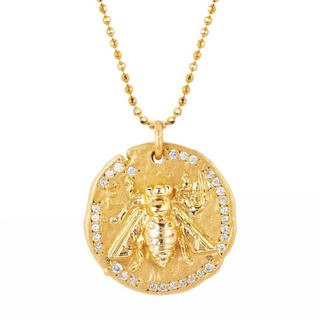 18k Sacred Honey Bee Coin Necklace Yellow Gold 16" Ball Chain by Logan Hollowell Jewelry