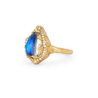 Baby Queen Water Drop Blue Sheen Moonstone Ring with Full Pavé Halo    by Logan Hollowell Jewelry