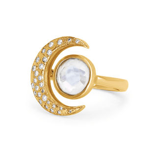 Queen Moonstone Crescent Ring with Sprinkled Diamonds    by Logan Hollowell Jewelry