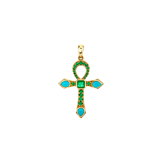 Eternal Ankh Emerald and Turquoise Necklace Yellow Gold Pendant Only  by Logan Hollowell Jewelry