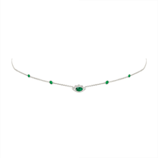 5 Emerald Orbit Bezel Choker with Angel Eye Emerald Center 14-15-16" White Gold  by Logan Hollowell Jewelry