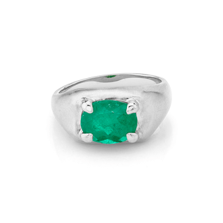 Oracle Ring with Oval Emerald Center 3 White Gold  by Logan Hollowell Jewelry