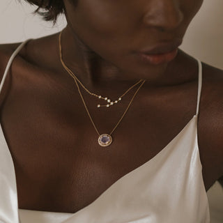 Queen Oval Moonstone Necklace with Full Pavé Diamond Halo    by Logan Hollowell Jewelry