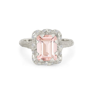 18k Queen Emerald Cut Morganite Ring with Sprinkled Diamonds 4 White Gold  by Logan Hollowell Jewelry