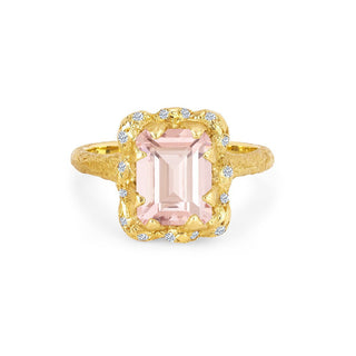 18k Queen Emerald Cut Morganite Ring with Sprinkled Diamonds 4 Yellow Gold  by Logan Hollowell Jewelry