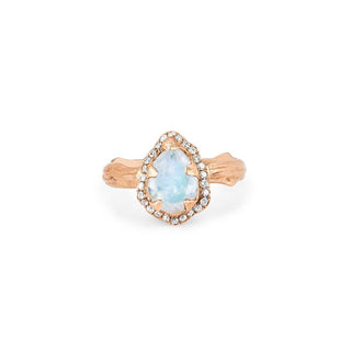 Micro Queen Water Drop Moonstone Ring with Pavé Diamond Halo 2.5 Rose Gold  by Logan Hollowell Jewelry