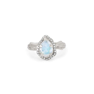 Micro Queen Water Drop Moonstone Ring with Pavé Diamond Halo 2.5 White Gold  by Logan Hollowell Jewelry