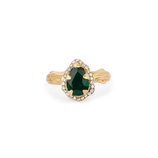 Micro Queen Water Drop Emerald Rose Thorn Ring with Pavé Diamond Halo 4 Yellow Gold  by Logan Hollowell Jewelry