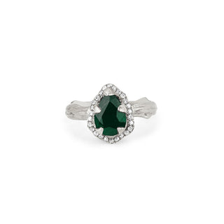 Micro Queen Water Drop Emerald Rose Thorn Ring with Pavé Diamond Halo 4 White Gold  by Logan Hollowell Jewelry